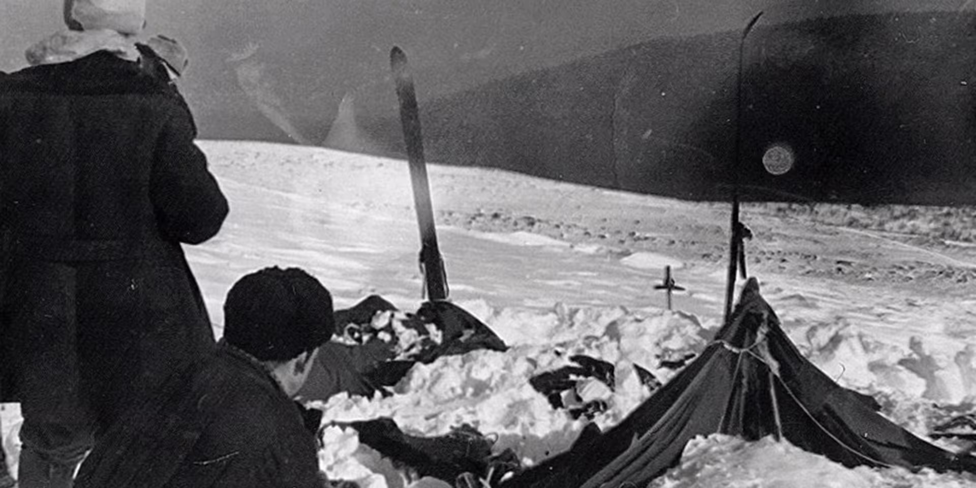The hikers' tent as discovered by Soviet search teams in February 1959.